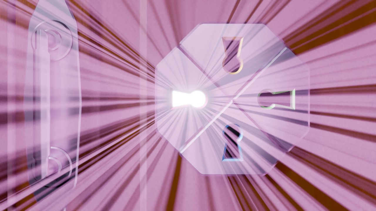 A closeup of the lock from the video. It's a lavender octagon with 4 keyholes in pink, yellow, green, and blue. The inside of the pink lock is letting  rays of bright light through.